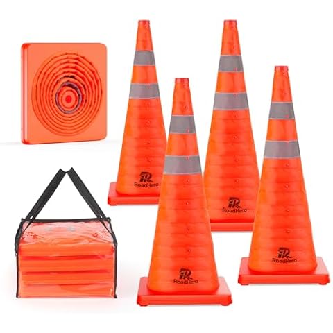 RoadHero 28 Inch 4 Pack Collapsible Traffic Safety Cones, Multi Purpose Pop-up Cones with Reflective Collar for Road Safety, Orange Cones for Driving Training, Parking Lots Cover