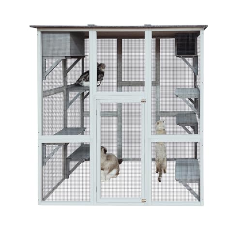 KELRIA 71 Inch Wooden Catio Outdoor Cat Enclosure, Large Cat House with 8 Jumping Platforms, 2 Napping Houses & Weatherproof Asphalt Roof, Walk-in Kitty Condo Shelter Playpen for Multiple Pets, White