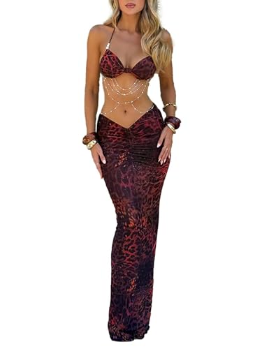 Women's Two Piece Leopard Maxi Skirt Sets Summer Beach Sexy Ruched Backless Pearls Chain Decor Crop Top and Cut Out Skirt