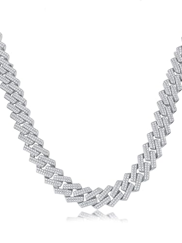 8mm/10mm/14mm Moissanite Miami Cuban Link Chain Necklace for Men Women Chunky Sterling Silver with 18K White Gold Plated Iced Out Lab Create Diamond Necklace for Hip-hop Musicians & fans