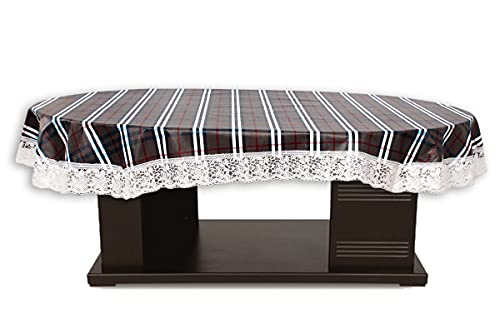 Image of The Furnishing Tree Waterproof PVC Oval Shaped 12 Seater Table Cover WxL 60x140 inches Checkered Pattern Black White with White Border lace
