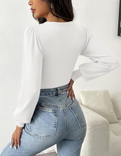 Image of Zeagoo Womens Sweaters Long Sleeve Bodysuits 2026 Fall Crewneck Puff Knit Pullover Tops