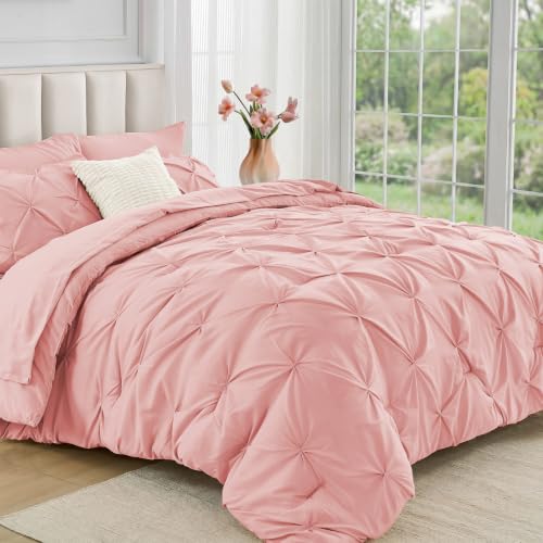 JOLLYVOGUE Queen Comforter Set 7 Pieces - Bed in a Bag Queen for All Season Pintuck Bedding Comforter Sets with Comforter Flat Sheet Fitted Sheet and Pillowcases & Shams Pink