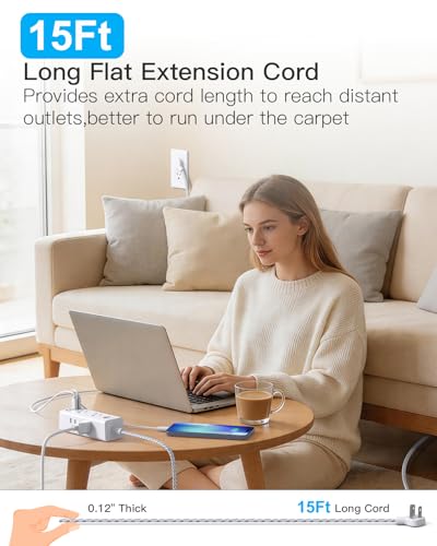 Image of Flat Plug Extension Cord 15Ft, One Beat Surge Protector Power Strip 15 Ft Cord with 6 Widely Outlets 4 USB Ports (2 USB C), 3 Way Wall Outlet Extender Extension Cord for Home Office College Dorm Room