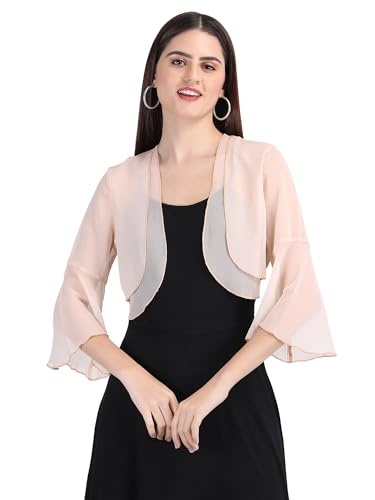 Image of AOL Women's Cropped Layered Lightweight Sheer Three-Fourth Bell Sleeves Georgette Open Neck Shrug Bolero