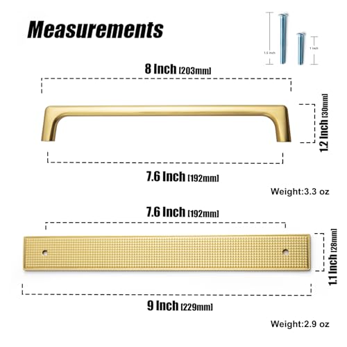 Goo-Ki Brushed Gold Cabinet Pulls with Luxe Grid Shim Square Backplate- 2 Pack 7.6''(192MM) Hole Centers Zinc Alloy Drawer Handle by Goo-Ki - Image 2