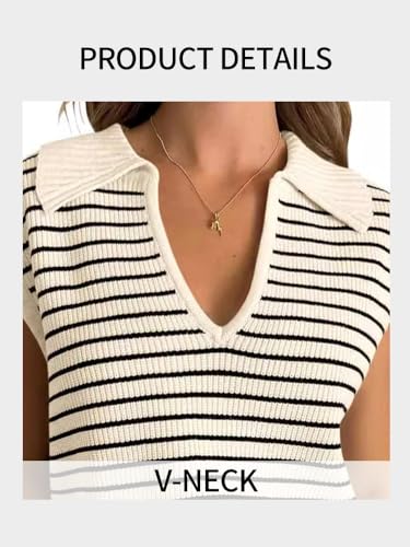 Image of Women's Casual Sleeveless Striped Pullover Sweaters V Neck Lapel Sweater Vests 2025 Fall Clothes