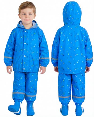 JiAmy Boys Girls Waterproof Suit, Toddler 2-Piece Raincoat with Portable Storage Bag and Reflective Strip Blue for 5-6 Years