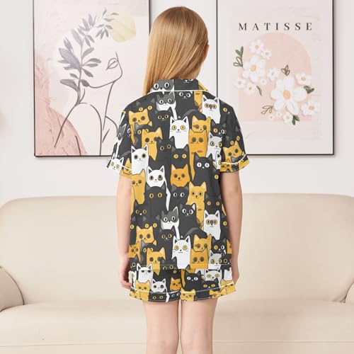 ALAZA Yellow Black White Cat Satin Pajamas Set Short Sleeve Button Down Sleepwear Summer Pjs 2 Piece4