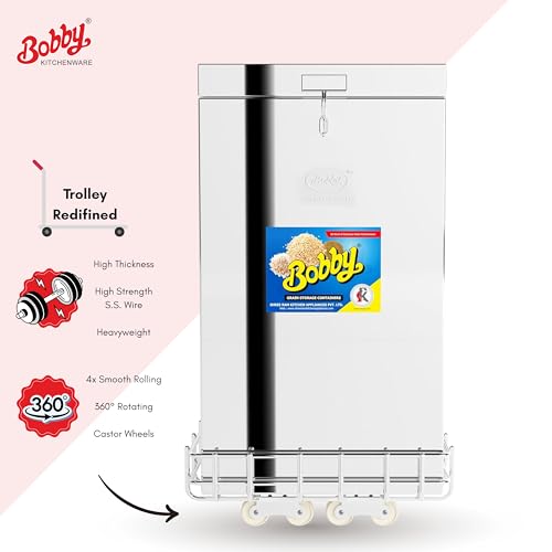 Image of BOBBY 50 Kg Stainless Steel Grain Storage Big Containers With S.S. Trolley (50 KG CONTAINER WITH TROLLEY)