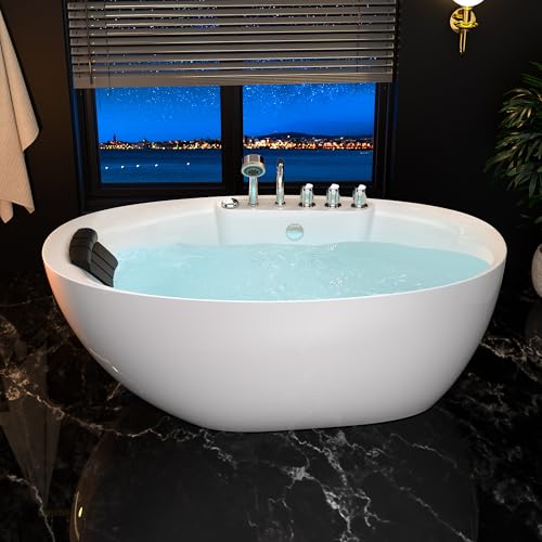Empava 59' x 28' Freestanding Whirlpool Tub, Stand Alone Jetted Bathtub, Boat Shape with Large Recline Angle, Hydromassage, Adjustable Water Nozzles,Acrylic,ETL Certified