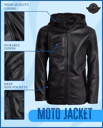 URBAN REPUBLIC Boys' Leather Jacket - Lightweight Hooded Black Faux Leather Spring Motorcycle Jacket for Boys (Sizes: 8-20)2