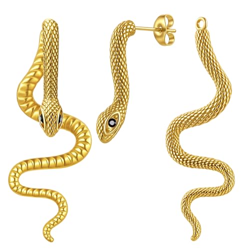 Snake Earrings for Women Men, Punk Gothic Stainless Steel Stud Earrings, Hypoallergenic Gold/Black/Retro Gray/Silver Snakes Jewelry with Zircon, Statement Cool Rock Hip Hop Biker Earring