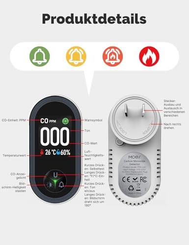 MOES Kohlenmonoxid-Melder mit Stecker, 3-in-1 CO-Melder mit Temperatur- & Luftfeuchtigkeitssensor, mit akustischem Alarm für CO – geeignet für Haus & Wohnmobil