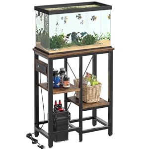 Bestier 10 Gallon Fish Tank Stand with Power Outlet, 20.3×10.6 Metal Aquarium Stand, 6-Leg Reptile Tank Stand with 3-Tier Adjustable Storage Shelves, 264LBS Capacity，Rustic Brown