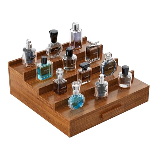 Sueuapp Cologne Organizer for Men,4 Tier Walnut Wood Cologne Stand,Cologne Shelf Display Holder with Hidden Storage and Drawer,Perfume Stand Organizer Great Gifts for Men