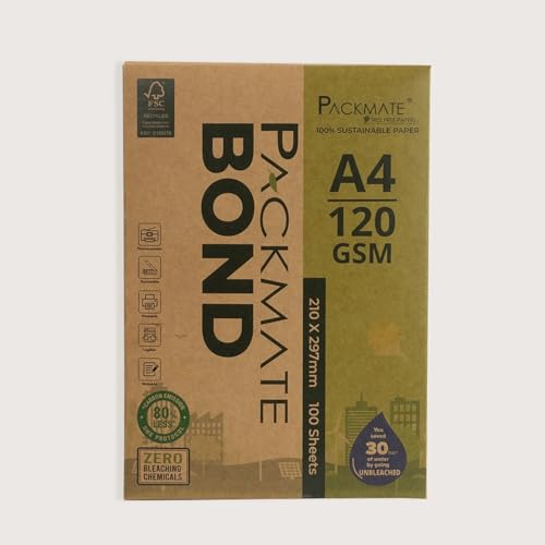 Image of Packmate Recycled Bond Paper |120 GSM | A4 Size |100 Sheets | Natural Shade (Not Bright White) | Unbleached Chemical Free Recycled Paper | Compatible with both Inkjet, Laser jet Printer