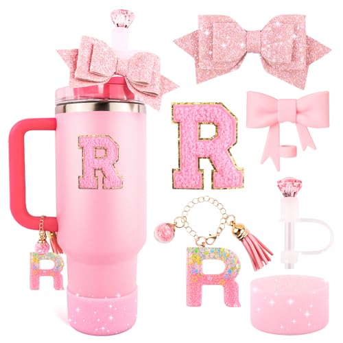 Pink Cup Accessories Set for Stanley 30OZ & 40OZ Tumbler with Handle, Letter Charms, Bow & Diamond Straw Covers, Glitter Silicone Boot, Personalized Sticker for Stanley Cup Accessories (R)