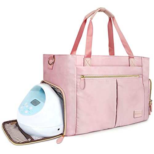 Breast Pump Bag Diaper Bag Tote, Pump Bag for Working Moms Compatible for Most Breast Pumps like Medela, Spectra S1,S2, Evenflo, Mancro Stylish Diaper Tote Bag with Dry Wet Separation Pockets, Pink