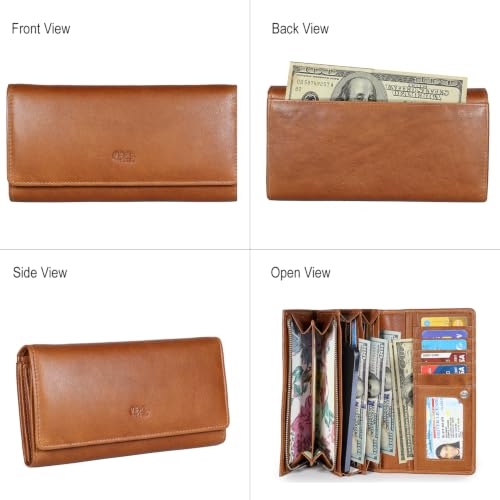 Image of Women's Top Grain Leather Wallet, RFID Blocking Bifold clutch, 17 Card Slots, Zip Pocket Organizer, Elegant Gift for Women - Birthday, Valentine, Anniversary - RUST BROWN