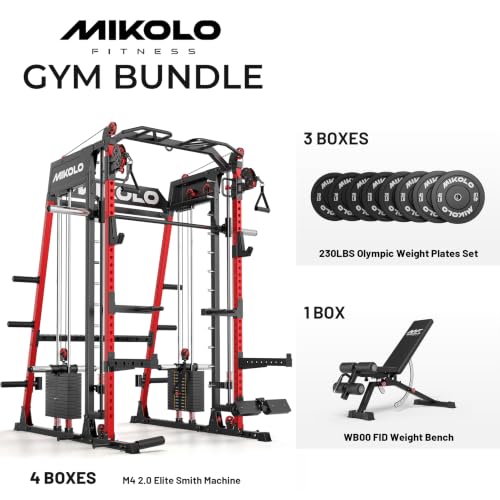 Image of Mikolo M4 2.0 Smith Machine, 2200lbs Squat Rack with LAT-Pull Down System & Cable Crossover Machine, Training Equipment with Leg Hold-Down Attachment