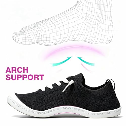 Image of Women's Barefoot Slip-On Sneakers, Slightly Roomy Toe Box, Arch Support Breathable Mesh Walking Loafers with No-Tie Elastic Laces, Non-Slip for All-Day Wear | Size Up Half Size for Wide Feet & High Instep