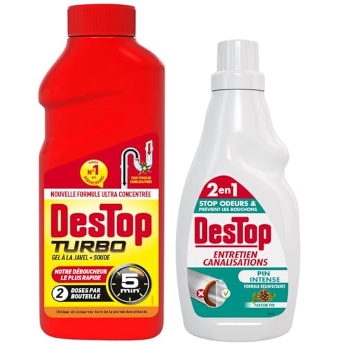 DESTOP Pack Gel Déboucheur Turbo Javel 1L + Gel Entretien Canalisations Pin intense 750ml