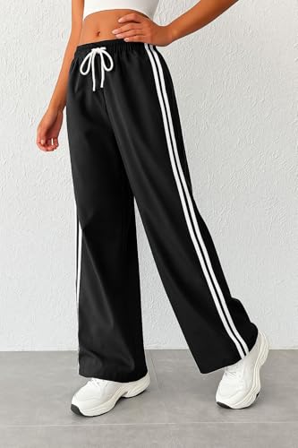 Image of SAKHWALA Women Track Pant | Women's Wide Leg Track Pants High Waist Drawstring Sweatpants with Side Stripes, Casual Loose Fit Lounge Joggers, Dark Grey