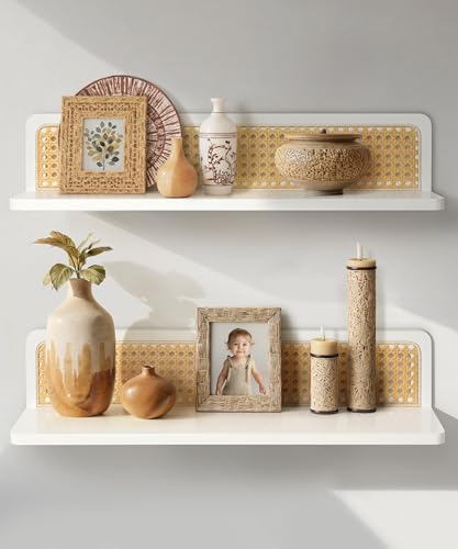 Rattan Wall Shelf 24inch Set of 2, Handmade White Floating Shelve...