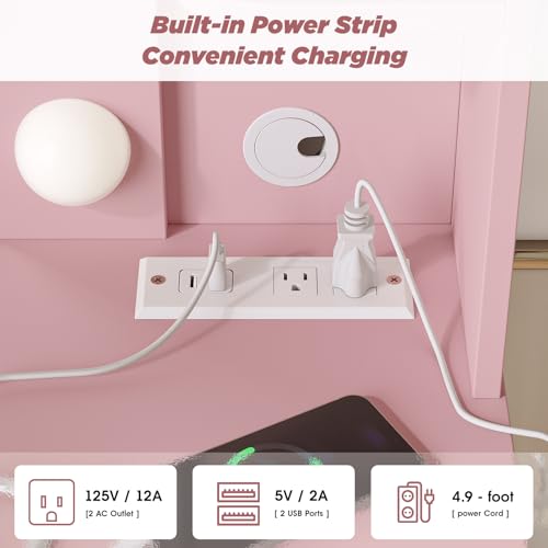 Image of Vabches Vanity Desk with Lights,Makeup Vanity with Power Strip,Dressing Table Set with 2 Large Drawers,Vanity Mirror 3 Lighting Color Adjustable,Pink