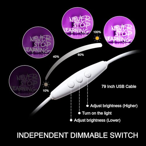 Image of Looklight Never Stop Learning Neon Sign,Purple LED Wall Neon Light,Letters Neon Light Sign for Wall Decor,USB Light Up Signs for Home Offices,Study Rooms,Classrooms,Libraries,Creative Workspaces