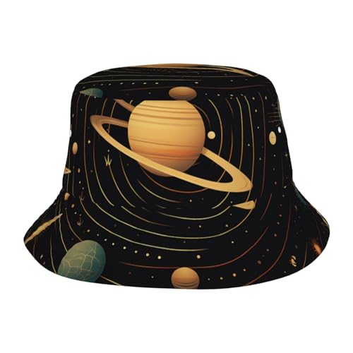 Unisex Cute Bucket Hat Summer Travel Fisherman Cap Retro Astronomical Pattern Beach Travel Sun Hat Outdoor Cap Black