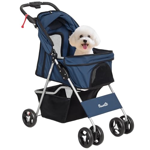 PawHut Carrito para Perros Plegable Cochecito para Mascotas Carrito para Perros Pequeños con Toldo Ajustable Cesta de Almacenaje 2 Ruedas Universales Carga 15 kg 77x45x99,5 cm Azul Oscuro
