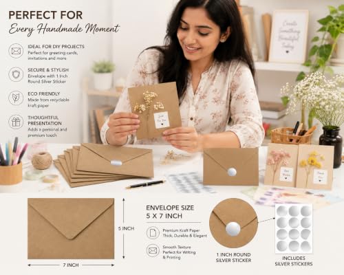 Image of AccuPrints 25 Pcs Brown Envelopes with Silver Stickers (5 x 7) inches | Unique design Texture Hand made Brown envelopes for wedding /party /office use /gift