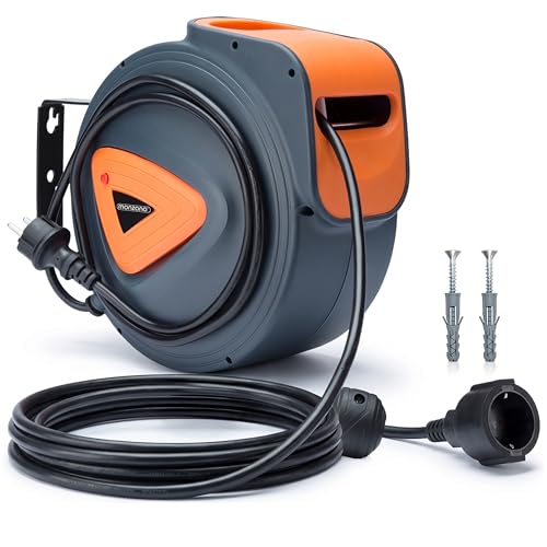 MONZANA® Enrouleur Electrique Mural 20 M Avec Support Pivotant 180°, Enrouleur Electrique Automatique Compact Pour Atelier Et Jardin, Enrouleur Automatique...