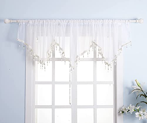 Molaxhome Swag Curtain 63 Inch Length, Rod Pocket Scalloped Curtain Valance Sheer Lace Panels With Hanging Crystal Beads For Farmhouse Kitchen Bedroom Window Treatments Drape Decor 1Pc thumb #1