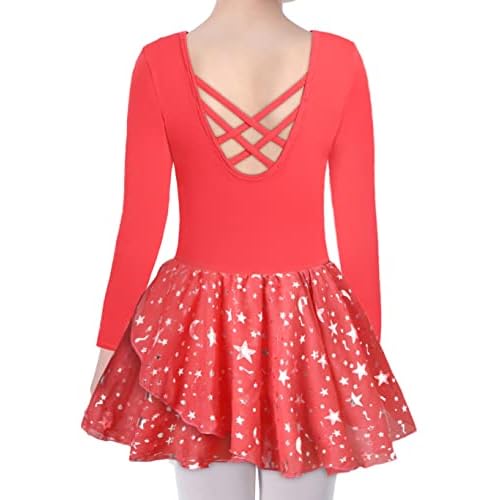 DANSHOW Ballet Leotards for Girls Dance Skirted Leotard Kids Ballet Tutu Dress Toddler Shiny Ruffle Sleeve Dancewear 6-7 Years Z-peach Red Sliver-stars