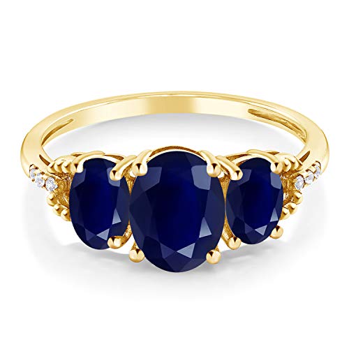 Gem Stone King 2.94 Cttw 10K Yellow Gold Blue Sapphire and Diamond 3-Stone Engagement Ring | Gemstone Birthstone | 3 Stone Wedding Anniversary Promise Ring For Women2
