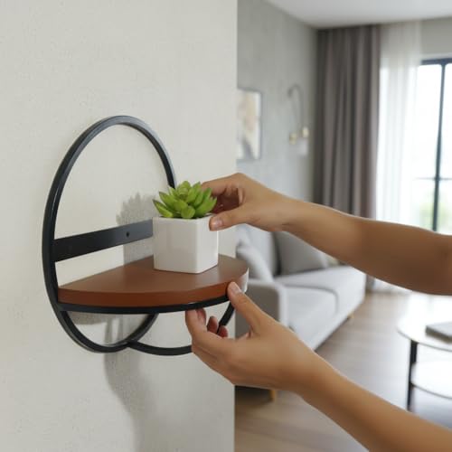 Image of Modern Round Floating Wall Shelf - 13 Inch Black Iron & Wood Decorative Wall Mount Display Rack for Home Decor
