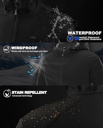 33,000ft Jacke Herren Wasserdichte Atmungsaktiv Softshelljacke - Übergangsjacke Winddichte Regenjacke Wanderjacke mit Kapuze Schwarz L