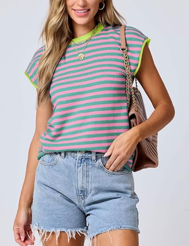 Image of Bozanly Womens Crewneck Striped Knit T Shirts Casual Spring Summer Cap Sleeve Sweater Tank Top 2025(0952-PinkStripe-S)
