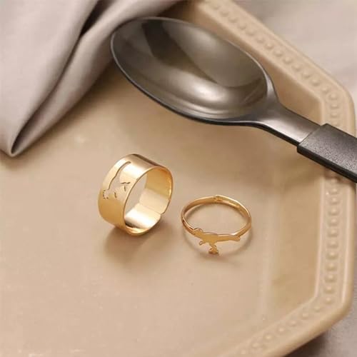 Image of Dinosaur Ring Set | 2 Pcs - Cute Tyrannosaurs & Triceratops Adjustable Couple Friendship Matching Ring, kawaii, cute, animal, cool, Friends, Rex Dinosaur Puzzle Ring (Gold)