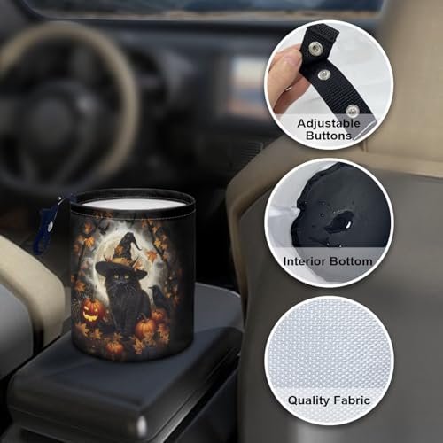 Image of Halloween Black Cat Pumpkin Collapsible Portable Trash Can for Car Front Seat, Back Seat, Floor, Headrest Rubbish Bin