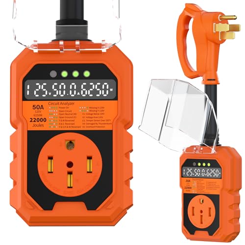 22000J RV Surge Protector 50 Amp with Auto Shutoff & Reset LED Display Real-Time Circuit Analyzer for Camper Travel Trailers RV Adapter Plug with Waterproof Cover