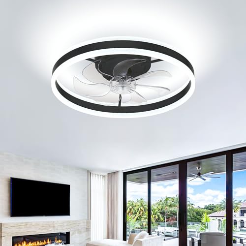 FRIXCHUR LED Ceiling Fan with Lights and Remote, Modern Dimmable Bladeless Ceiling Fans 20" Bedroom Flush Mount Chandelier Fan Lights for Living Room Kitchen (Black)