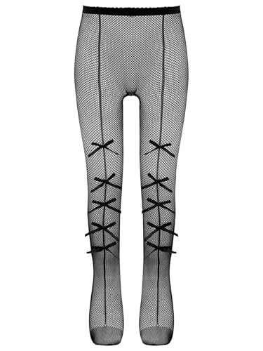 Choomomo Girls Solid Color Cotton Tights with Bowknot Kids Fishnet Hollow Footed Legging Pantyhose
