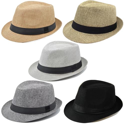 Image of 5 Pack Bulk Cuban Fedora Sun Hats Men with Adjustable Strap, Short Brim 1920s Unisex Party Costume Hats Women.