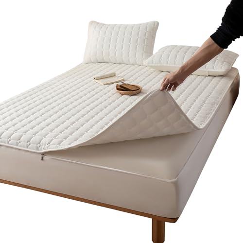 Matratzenbezug mit Reißverschluss 130/140/160/170x190/200 Matratzenschoner Weiche Encasing Matratzenüberzug Topper Gesteppt Matratzenauflage Waschbarer Bettlaken Spannbetttuch(200X220+5cm,W)