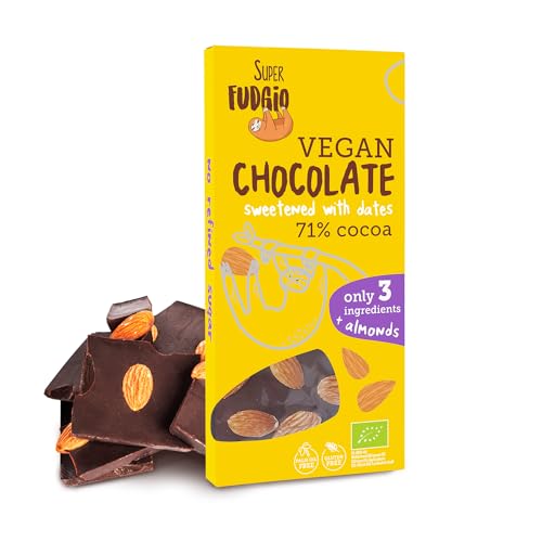 SUPER FUDGiO Bio vegane Schokolade mit Mandeln – natürliche Bio-Zutaten – mit Datteln statt Zucker gesüßt – glutenfrei – 100 g