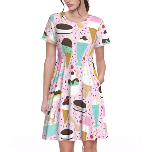 Robe d'été pour femme avec motif floral et imprimé glace col rond manches courtes EdWal